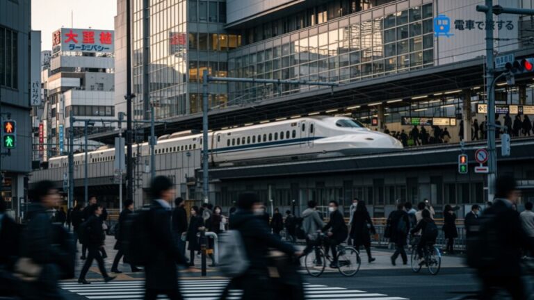 E129系B18編成運用復帰のニュースに関連した都市の風景。駅と通勤客のシルエットを背景に、再び走る電車の姿を捉えた現代日本の日常の様子。