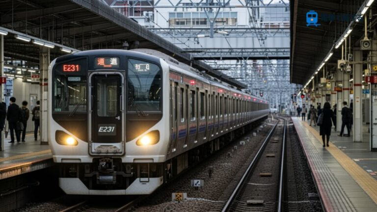 E231系前照灯をLEDに変更した様子を現代の日本の駅で表現した画像。通勤電車と乗客の日常が強調されている。