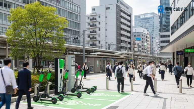 京急電鉄とLimeが業務連携開始、青物横丁駅前にLimeポート開業。青物横丁駅前に設置された電動モビリティシェアのポートとその周辺の賑わいを表現した画像です。