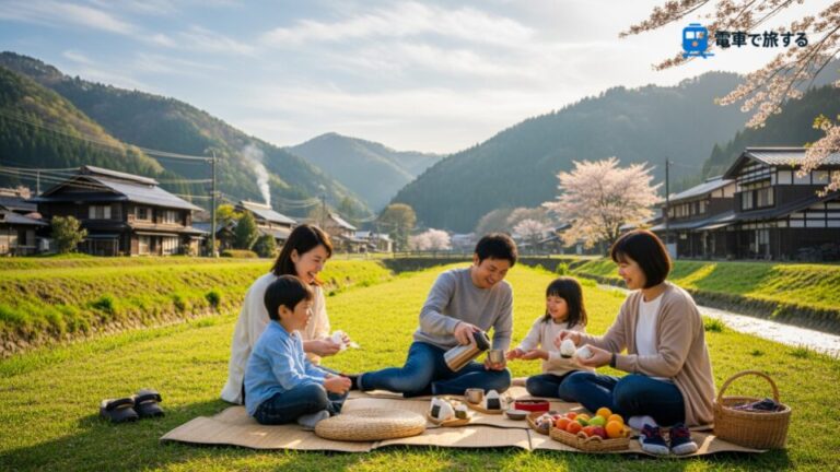 岩手県「おでんせ！いわて旅割キャンペーン」を紹介する画像。家庭が自然の中で楽しい旅行を満喫している様子を描写。
