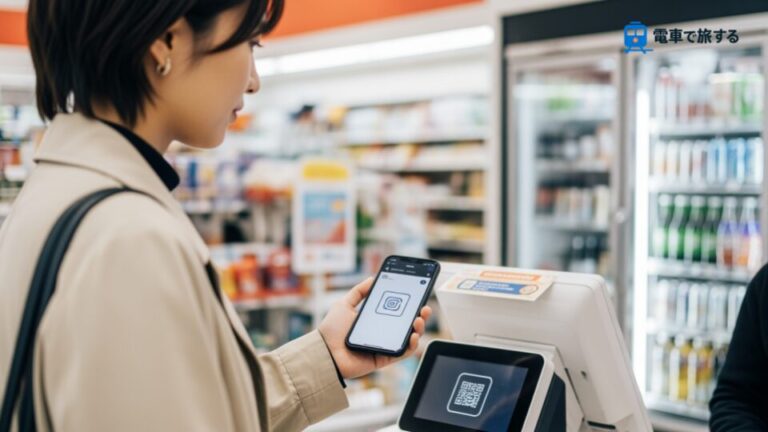 「JRE POINT」をモバイルSuicaアプリに直接チャージ可能にする新機能の発表を背景に、都市の人々がスマホを使った決済をする日常風景。