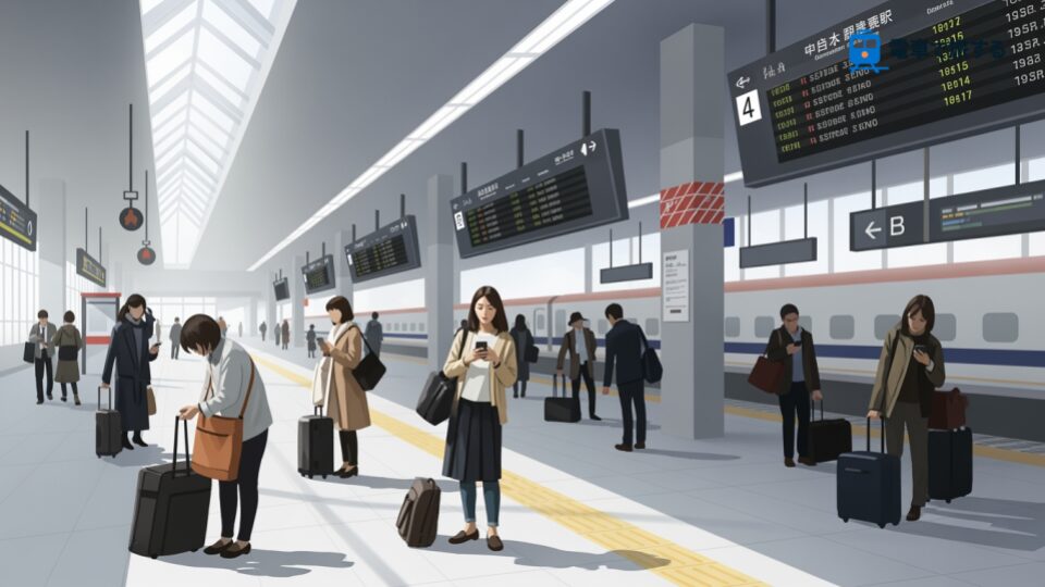 JR東日本「新幹線ポイント35％オフキャンペーン」東京〜仙台6000Ptの様子を表現した日本の駅のシーン。