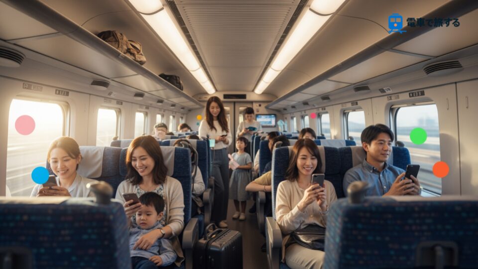 NiziUとJR東日本の「TRAINキャンペーン」を楽しむ新幹線の旅の様子を表現。家族や友人たちが楽しく過ごす様子を捉えた画像。