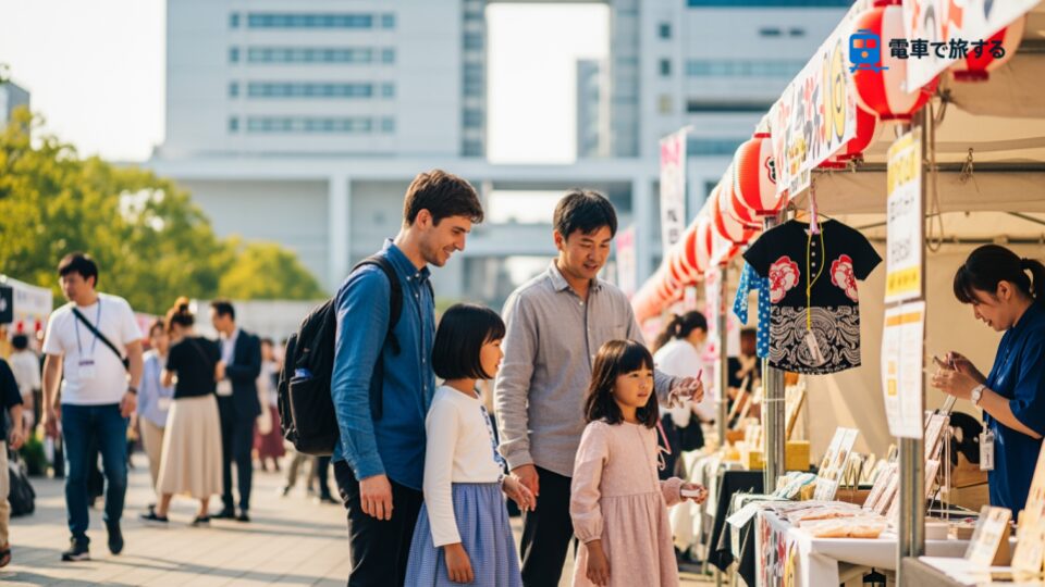 JR東海と呪術廻戦がコラボ、名古屋での「推し旅 じゅじゅ探訪」の楽しさを表現したシーン。家族連れと観光客が交流する風景。