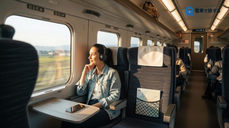 涼宮ハルヒの憂鬱とJR東海のコラボを描いたシーン。新幹線車内でリラックスする乗客が、オーディオを楽しんでいる様子を表現。