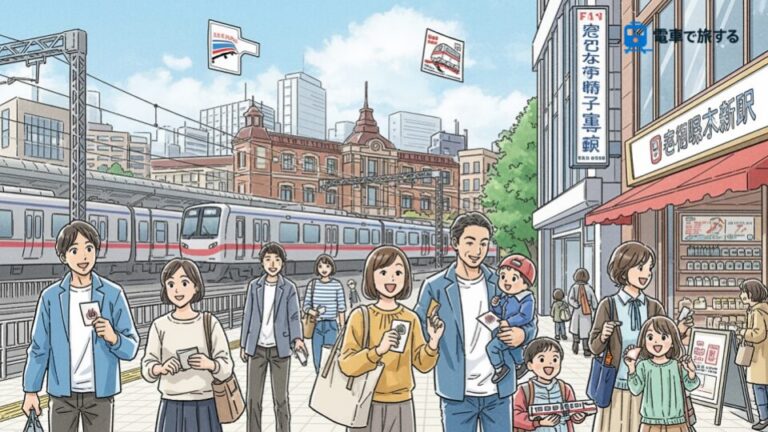 もっと！鉄道好き集まれ！立川エリア スタンプラリーの魅力を伝える風景。家族と鉄道ファンが街を巡り、スタンプを集める様子を描写。