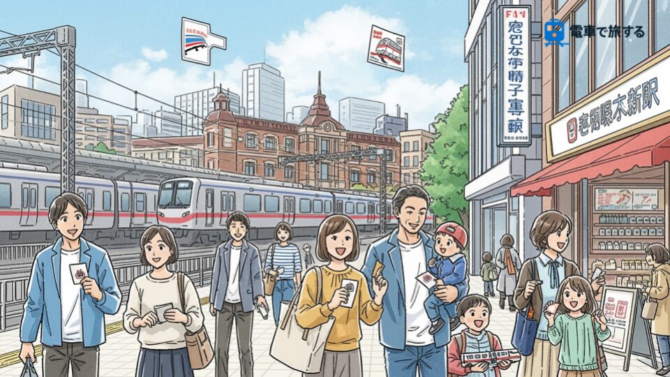 もっと！鉄道好き集まれ！立川エリア スタンプラリーの魅力を伝える風景。家族と鉄道ファンが街を巡り、スタンプを集める様子を描写。