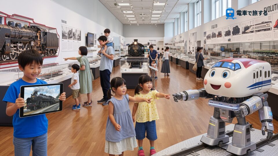 鉄道博物館シンカリオンイベントの様子。家族がAR展示や立像と触れ合い、楽しく学ぶ姿を捉えたシーン。
