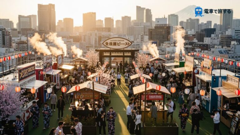 うめだ阪急ビアガーデン「旅する屋上」開幕、異国情緒のあるフードブースや飲み物を楽しむ人々の様子を表現した画像です。